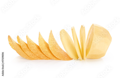 Potato and potato chips isolated on white background.