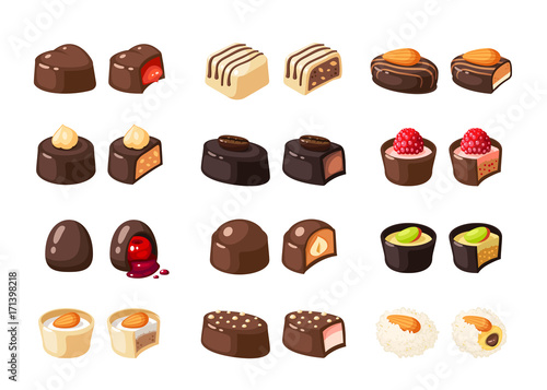 Set of chocolate covered bonbon stuffed nougat, mousse, cream. Vector illustration candy flat icon collection isolated on white.