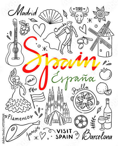 Spain hand drawn illustrations. Visit Spain traveling vector doodles photo