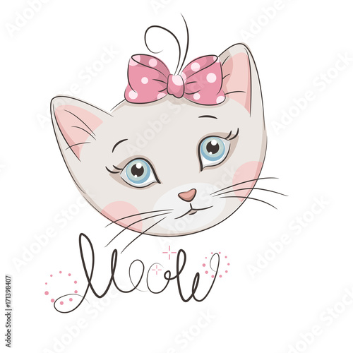 Hand drawing illustration with cute little kitten with ribbon bow . Meow. Isolated.