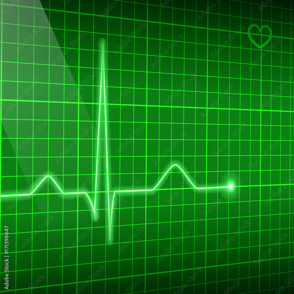 Green line heart rate on the screen in perspective. Vector electrocardiogram background. Green line heart rate on the screen in perspective. Vector electrocardiogram background.