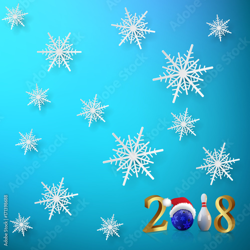 2018 vector New Year template. Bowling 2018 New Year sign with bowling ball, skittle and snowflakes on blue background. 