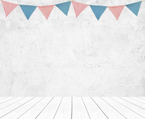 Colorful bunting party flags hanging on empty white wall and perspective wood background, decorate items for festival, celebrate event background, holiday greeting card