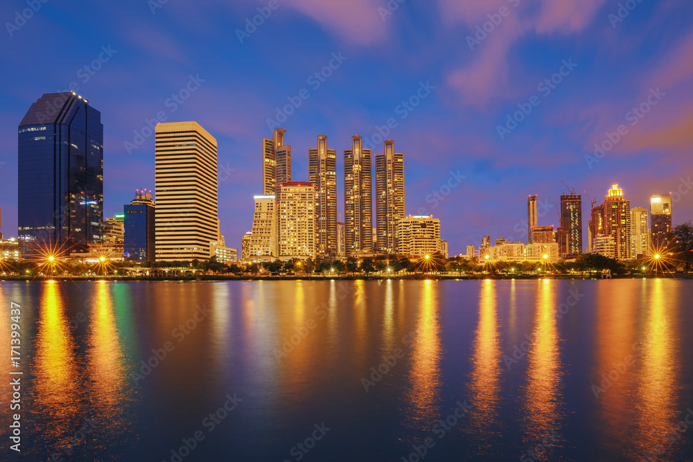 Cities and lakes at twilight