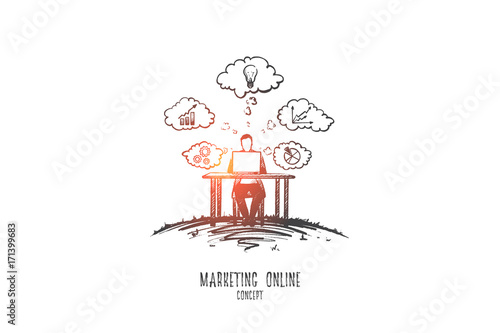 Marketing online concept. Hand drawn advertising manager using laptop computer. Businessman doing online communications and analytics isolated vector illustration.