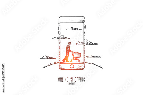 Online shopping concept. Hand drawn man with shop trolley. Person buying in internet isolated vector illustration. photo