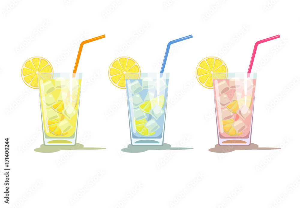 Glasses of lemonade, pink lemonade and blue water with lemons. Three