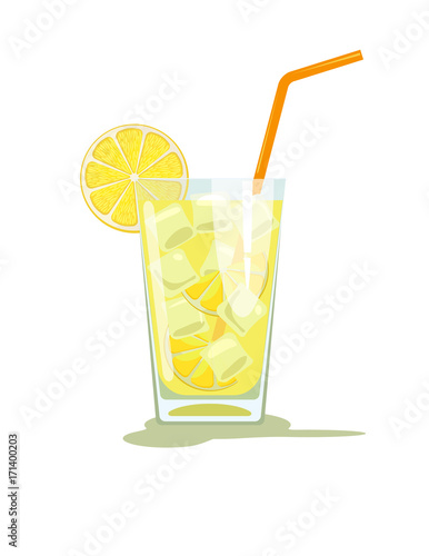 Glass of lemonade. Glass of lemon cocktail with straw. Vector illustration  isolated on white background