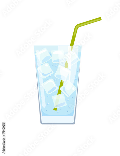 Glass of cool water with ice and bubbles. Glass of clear beverage with straw. Vector illustration  isolated on white background
