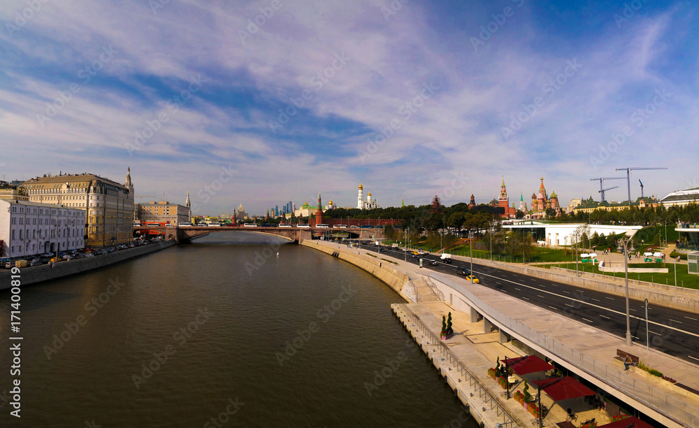 View to Moscow river and Kremlin from the pedestrian bridge of modern park Zaryadye, Moscow, Russia