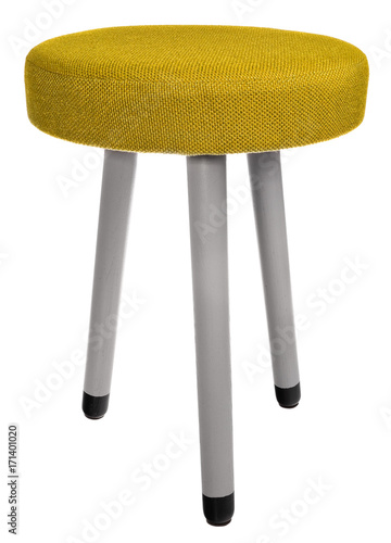 Handmade stool in gray and black. Round seat with yellow material. photo