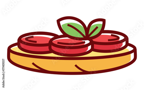 Tasty bruschetta with ripe tomatoes and green herbs