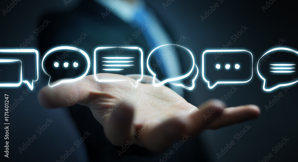 Businessman holding discussion icons sketch Businessman holding discussion icons sketch