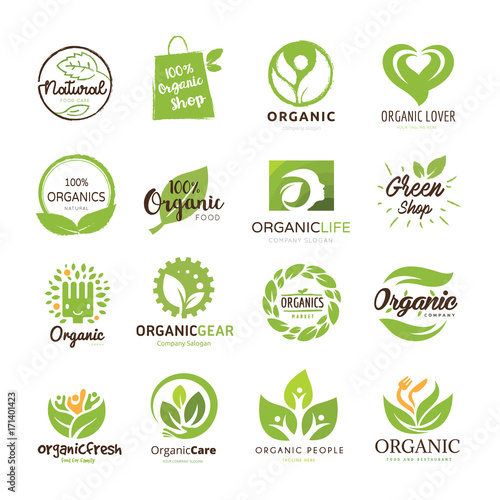 Organic food logo, set for food and drink logo, restaurants and organic products. Green and eco care logo.vector illustration.