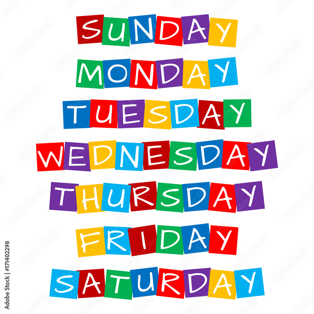 weekday names set, text in colorful rotated squares weekday names set, text in colorful rotated squares