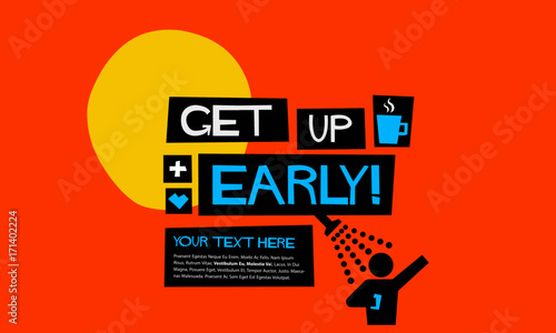 Get Up Early (Flat Style Vector Illustration Sunrise Poster Design) With Text Box Template