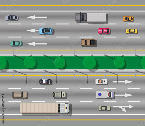 Collection of various vehicles. Top view road