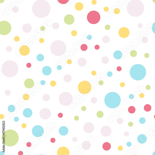 Colorful polka dots seamless pattern on white 4 background. Symmetrical classic colorful polka dots textile pattern. Seamless scattered confetti fall chaotic decor. Abstract vector illustration.