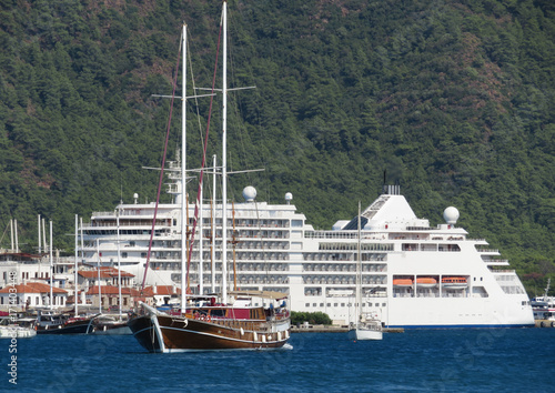 Yachts and cruise ship in Marmaris harbour in Turkey