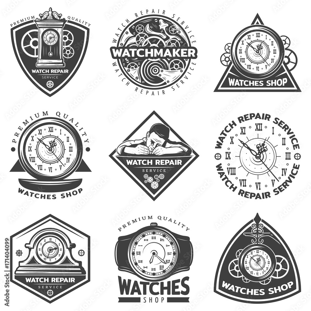 Obraz premium Vintage Watches Repair Service Labels Set