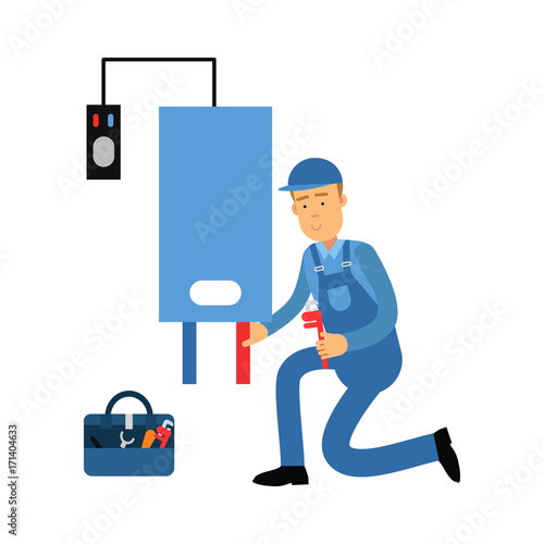 Proffesional plumber man character installing a water heater, plumbing service vector Illustration