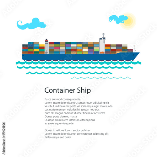 Poster Cargo Container Ship , Industrial Marine Vessel with Containers on Board and Text, International Freight Transportation, Brochure Flyer Design, Vector Illustration