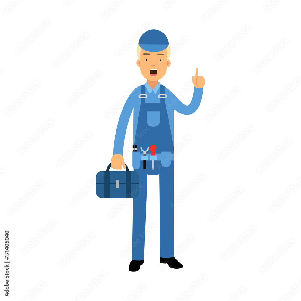 Proffesional plumber character in a blue overall standing with tool box anf showing hand gesture with a raised index finger, plumbing service vector Illustration Proffesional plumber character in a blue overall standing with tool box anf showing hand gesture with a raised index finger, plumbing service vector Illustration