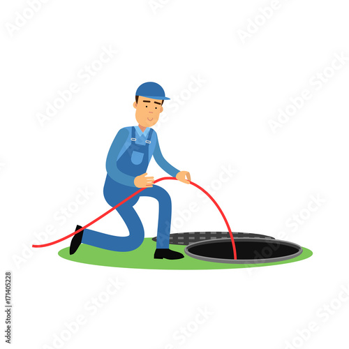 Proffesional plumber character standing next to a sewer manhole, plumbing service vector Illustration