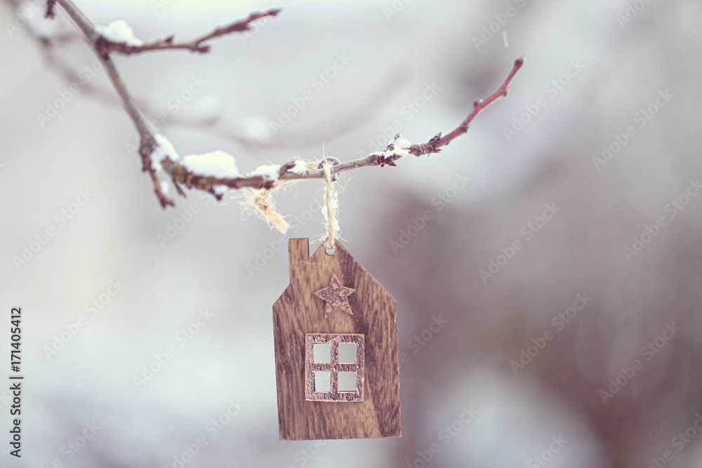 winter mood. winter  background. small wooden decorative small house on thin branches with snow on a blurred background . 