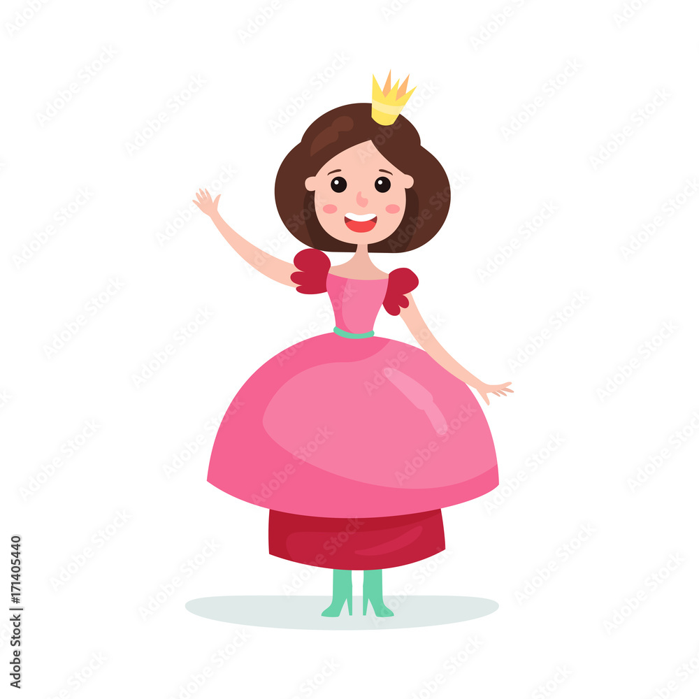 Beautiful cartoon brunette princess girl character in a pink ball dress and crown colorful vector Illustration Beautiful cartoon brunette princess girl character in a pink ball dress and crown colorful vector Illustration