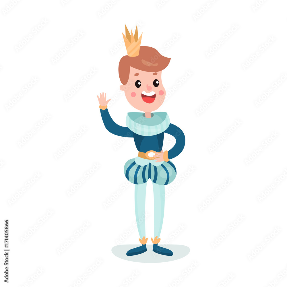 Cute cartoon boy character in prince costume with crown waving his hand colorful vector Illustration Cute cartoon boy character in prince costume with crown waving his hand colorful vector Illustration