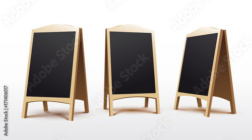 Set of wooden oval empty blank advertising. Stands sidewalk signs. Street handheld sandwich. Vector illustration. Isolated on white background