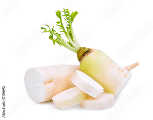 fresh daikon radish with slice isolated on the white background