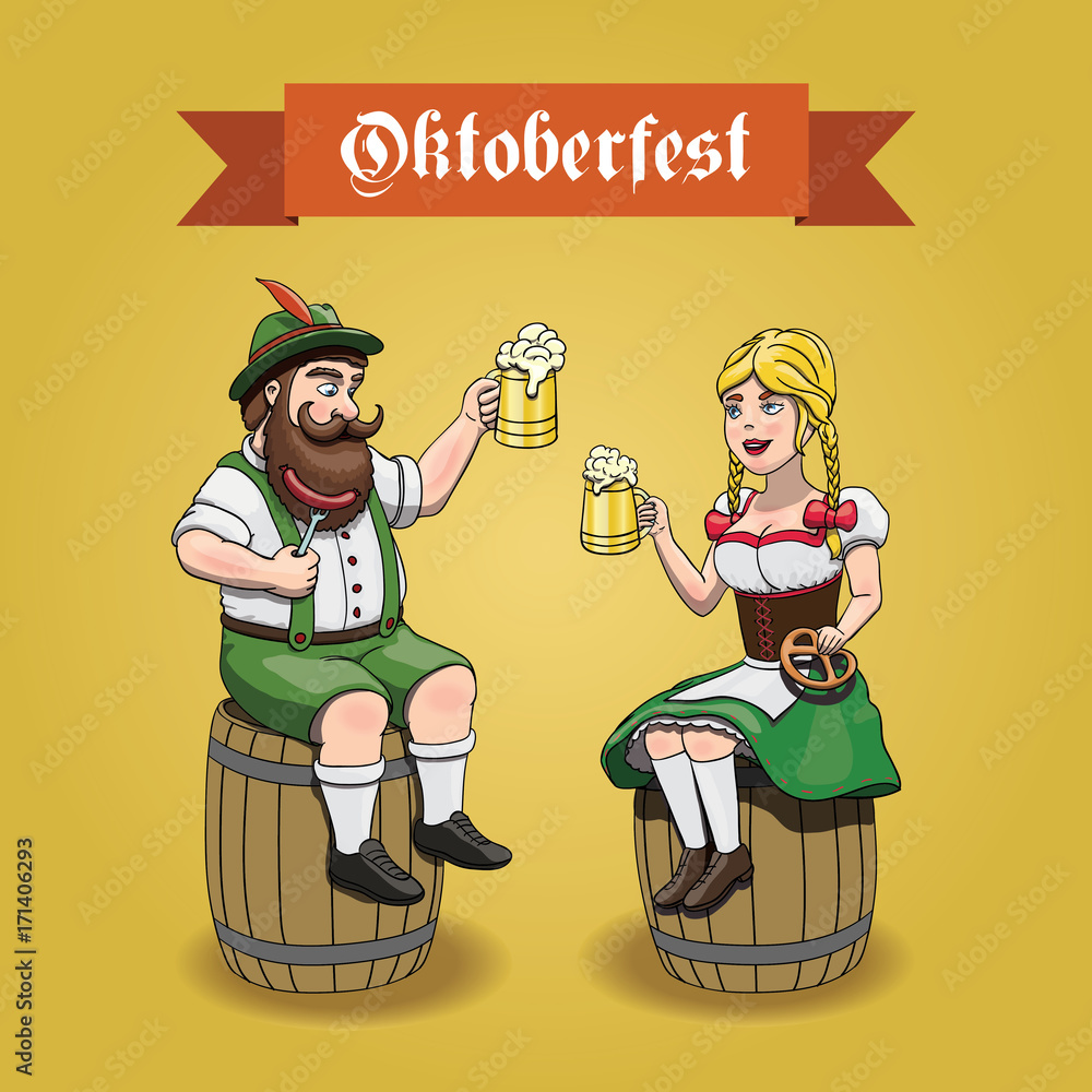 Cartoon Bavarian man and woman with beer, sausage and pretzel