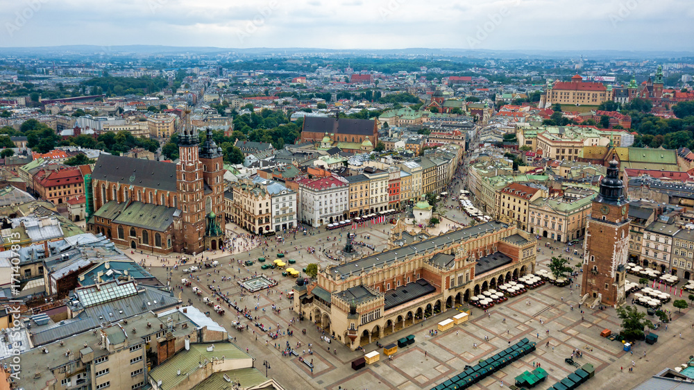 Top view of the main square of Krakow, Poland. - obrazy, fototapety, plakaty 