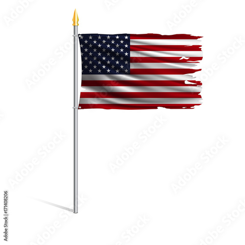 Hurricane torn national flag of the United States. The main symbol of the USA. Wind torn flag on metallic flagpole isolated on white background. Realistic vector illustration.