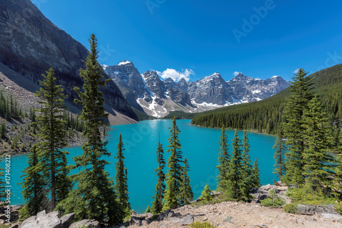 Moraine lake with the rocky mountains panorama in the Banff National park, Canada.