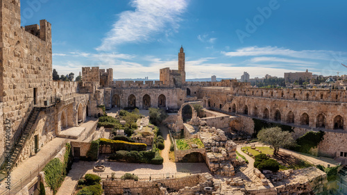 Panorama of David's tower in old city of Jerusalem with view of the new Jerusalem in the distance. Israel.