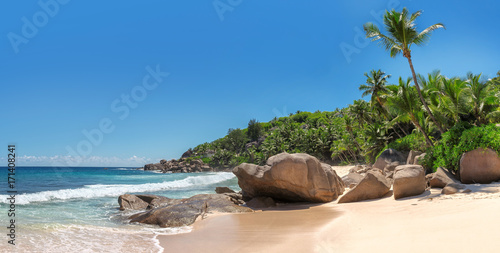 Panorama of paradise beach on Mahe island, Anse Intendance beach, Seychelles.