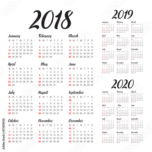 Year 2018 2019 2020 calendar vector