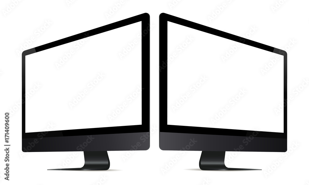 Computer monitor mockup with perspective view. Two black monitors with blank screens isolated on white background. Vector illustration Computer monitor mockup with perspective view. Two black monitors with blank screens isolated on white background. Vector illustration