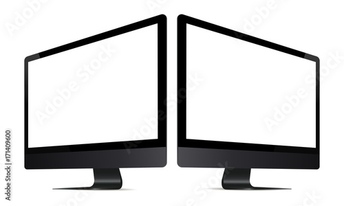 Computer monitor mockup with perspective view. Two black monitors with blank screens isolated on white background. Vector illustration