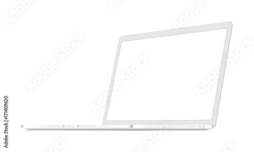 White laptop mockup with perspective 3/4 right view. Responsive blank screen to display web-site design. Vector illustration