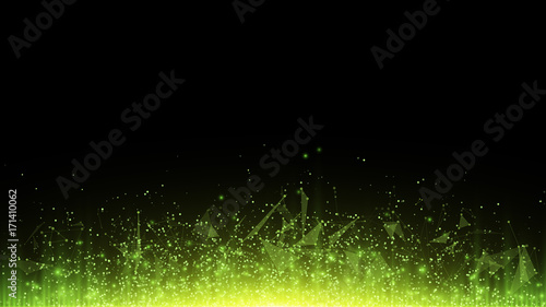 Abstract polygonal background from connected triangles and dots. Glowing particles and green rays of light. Luminous particles of green in the dark. Big data. Vector