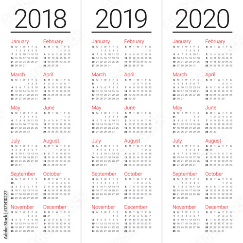 Year 2018 2019 2020 calendar vector