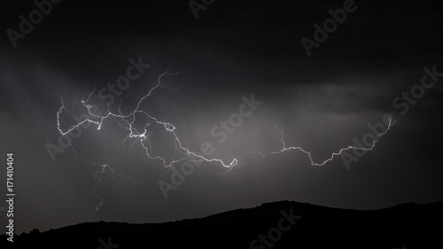Lightning strike over mountain range, panorama