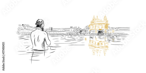 Hand drawn sketch of Golden Temple Amritsar India in vector illustration.