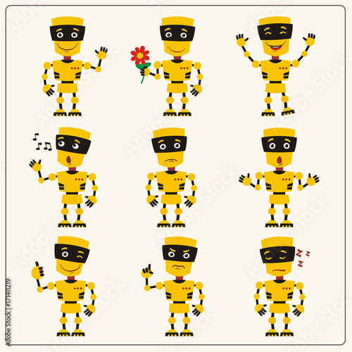 Set emoticon yellow robot with different emotions in cartoon style. Collection isolated robots in various poses.