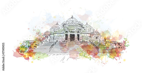 Watercolor sketch of Akshardham Temple New Delhi India in vector illustration. photo