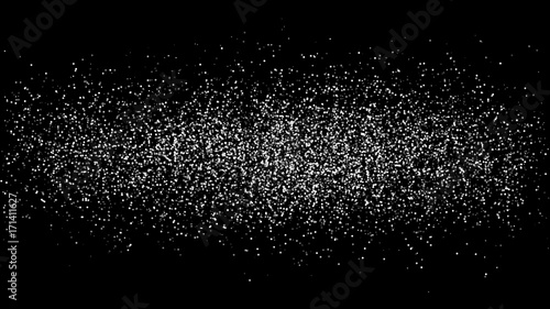 Abstract white dust of round shape is isolated on a black background. Spraying of fine particles. Horizontal position. White powder. Vector